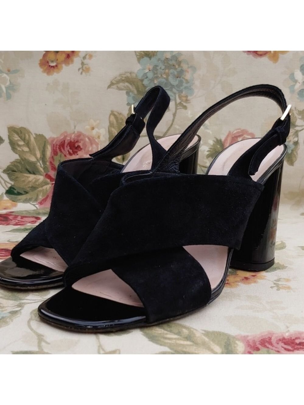 Kate Spade Black Suede and Patent Leather Women's Slingback Block Heels size 9